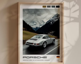Vintage Porsche Swiss Alps Print, German Car Wall Art, Car Magazine Poster, Retro Car Decor, Modern Fathers Day Gift - Digital Download File