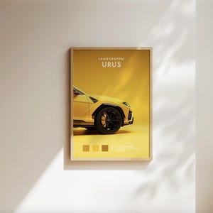 May include: A yellow Lamborghini Urus SUV poster with the text "Lamborghini Urus" in white. The car is partially visible with the front wheel and side of the car shown. The background is yellow.