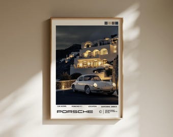 Vintage Porsche Santorini Greece, German Classic Car Art, Magazine-Inspired Car Poster, Timeless Classic Car Print - Digital Download File