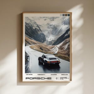 Vintage Porsche Schweizer Alpen, Deutsche Oldtimer-Wand-Kunst, Retro-Magazin-inspiriertes Auto Poster, Zeitloses Auto Druck - Digitaler Download