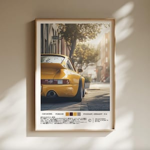 May include: A yellow Porsche 911 Turbo parked on a city street. The car is facing away from the camera, and the rear of the car is visible. The car is parked in front of a building with a brick facade. The car is surrounded by trees and foliage. The image is a poster with the text "CAR MODEL: PORSCHE 911 TURBO, STUTTGART, GERMANY 016" at the bottom.
