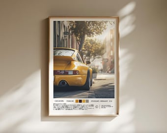 イエロー JDM ポルシェ ポスター、ヴィンテージ ポルシェ プリント、雑誌の車ポスター、古いクラシック JDM ポスター、スポーツカー ポスター - デジタル ダウンロード ファイル