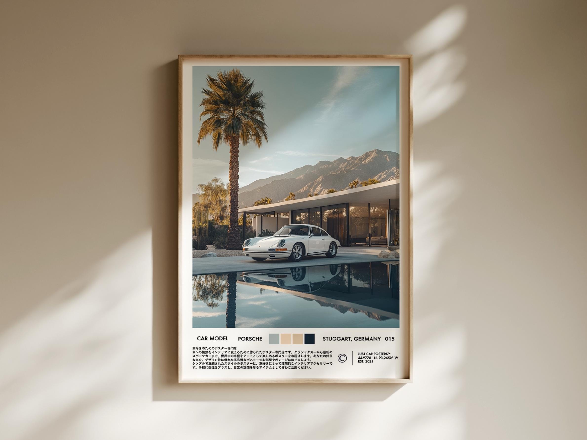 Vintage Porsche by the Pool, German Classic Car Wall Art, Retro Magazine-Inspired Car Poster, Classic Car Print - Digital Download File