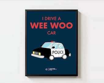 Polispresentaffisch, Wee Woo-bilaffischer, polisbilaffisch, polispresenter för far och son, oramad 11x14"