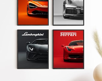 Plakaty z samochodami sportowymi McLaren, Porsche, Lamborghini, Ferrari - Dekoracja ścienna z samochodami do sypialni, biura - Pliki cyfrowe