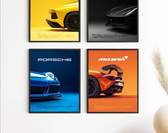 Super Car Posters, Porsche, Ferrari, McLaren, Lamborghini Car Prints Decor for Bedroom, Office, Living Room Unframed 8x10" and 11x14"