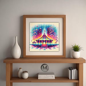 May include: A colorful pixel art illustration of a circus tent with a bright pink, blue, and yellow striped design. The tent is surrounded by a vibrant, pixelated background with swirling lights and fireworks.