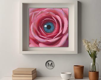 Large cross-stitch pattern: Human eye in a pink rose. PDF instant download. Unique and detailed design for embroidery lovers