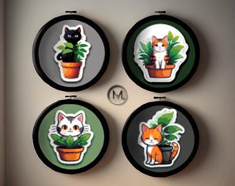 Set of 4 Cross Stitch Patterns - Cats with Plants - Easy to Stitch Designs for Beginners - Instant Download PDF