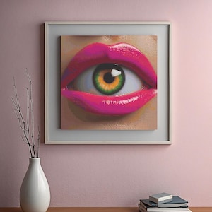 Peut inclure: Gros plan sur une bouche rose avec un œil vert et jaune au centre. L'œil regarde directement le spectateur.