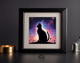 Black Cat Cross Stitch Pattern PDF | Silhouette, Space Theme | Easy to Stitch Embroidery Design | Modern DIY Craft for Beginners