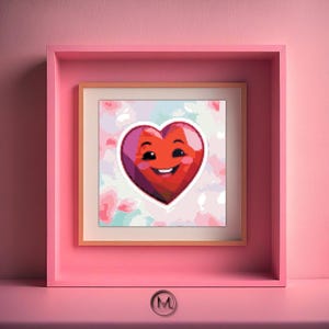 May include: A framed print of a red heart with a smiling face on a white background with a watercolor-like design.