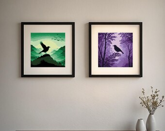 Set of 2 Ravens with Forest and Mountains - Cross Stitch Pattern - Easy Beginner-Friendly Design - Instant PDF Download