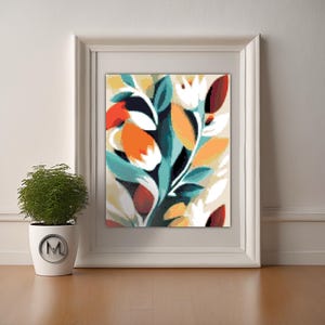 May include: A framed abstract painting of stylized flowers in shades of orange, white, and blue. The flowers are arranged in a vertical composition, with the stems and leaves extending upwards.