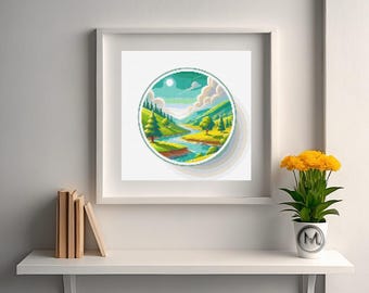 Cross Stitch Pattern PDF | Lake and Forest Nature Scene | Scenic Embroidery Chart | Peaceful Landscape Design | Easy Digital Download