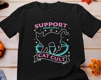 Support your Local Cat Cult Shirt, Black cat shirt, Pastel Goth shirt, Creepy Cute Shirt, Pastel Goth cat Tee, Goth Shirt, Cat Mom Shirt