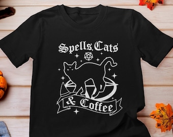 Spells Cats and Coffee Shirt, Coffee Cats Witches And Spells Shirt, Gothic Pastel Got, Black Cat Lover shirt, Witchy Shirt, Black Cat tshirt
