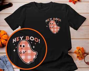 Hey Boo Pocket Design Shirt, Ghost T Shirt, Retro Halloween Tee Spooky Season Tee, Halloween Plaid Boo T-Shirt, Spooky Cute Ghost Tee
