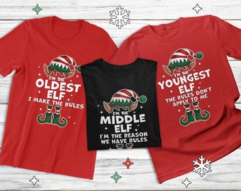 Camisas de hermanos de Navidad, camisas a juego de la familia, camisas más antiguas del medio más joven, camisas de elfo personalizadas, camisas a juego de la familia de Navidad