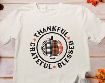 Agradecido Agradecido Bendito Camisa, Agradecido Agradecido Bendito, Feliz Camisa de Acción de Gracias, Camisa de Calabaza Leopardo a Cuadros Naranja, Cuadros de Búfalo