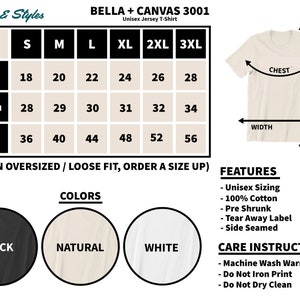 Pu&ograve; includere: Tabella delle taglie per la t-shirt in jersey unisex Bella + Canvas 3001. La tabella mostra le misure in pollici per larghezza, lunghezza e petto per le taglie dalla S alla 3XL. La tabella mostra anche i colori nero, naturale e bianco.