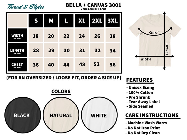 Pu&ograve; includere: Tabella delle taglie per la t-shirt in jersey unisex Bella + Canvas 3001. La tabella mostra le misure in pollici per larghezza, lunghezza e petto per le taglie dalla S alla 3XL. La tabella mostra anche i colori nero, naturale e bianco.