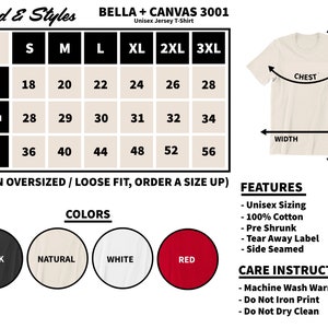 Pu&ograve; includere: Immagine di un prodotto con tabella taglie per una t-shirt unisex Bella + Canvas 3001. La tabella mostra le misure di larghezza, lunghezza e torace in pollici per le taglie dalla S alla 3XL. Colori disponibili: nero, naturale, bianco e rosso.