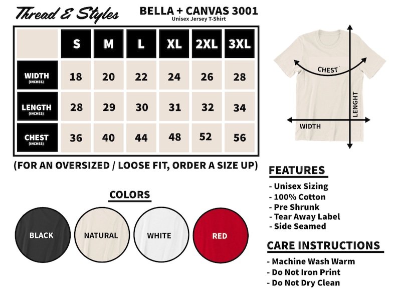 May include: Size chart for a Bella + Canvas 3001 unisex jersey t-shirt. The chart shows measurements in inches for width, length, and chest for sizes S through 3XL. The chart also includes information about the fabric, which is 100% cotton, pre-shrunk, and features a tear-away label and side seams. The colors available are black, natural, white, and red.