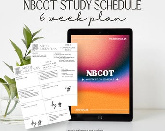 May include: A printable 6-week study schedule for the NBCOT exam. The schedule includes a weekly breakdown of study topics, with days off marked. The image also shows a tablet with a colourful gradient background and the text "NBCOT 6 Week Study Schedule".