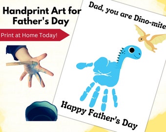 Arte de huellas de manos para papá Regalo de recuerdo de huellas de manos imprimible Día del padre Recuerdo sentimental Recuerdo del bebé Actividad preescolar Manualidad de dinosaurios DIY