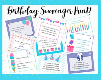 May include: A colorful birthday scavenger hunt game with nine cards featuring clues and illustrations. The cards are decorated with balloons, candles, presents, and other birthday-themed imagery. The text on the cards includes phrases like "Start the countdown!" and "When you stand at the entrance".