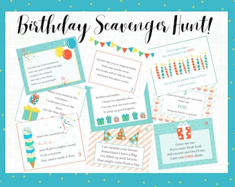 May include: A colorful birthday scavenger hunt game with nine cards featuring rhyming clues and illustrations. The cards are decorated with balloons, candles, cupcakes, and gift boxes.