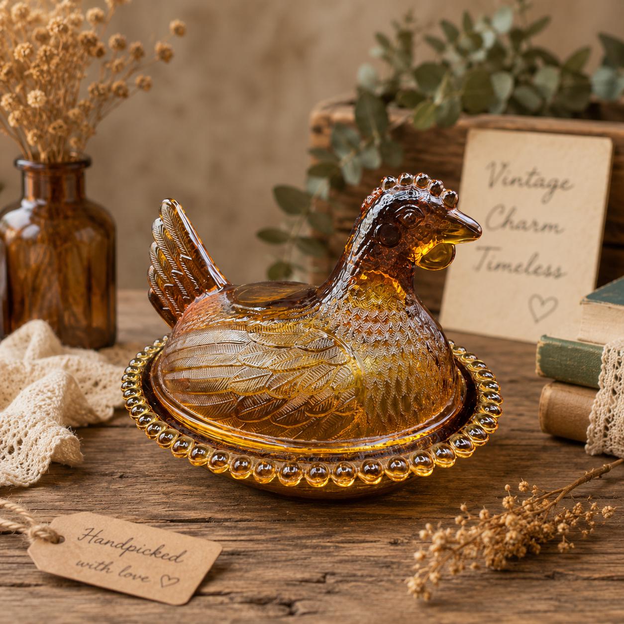VTG Amber Indiana Glass Hen On Nest 7" - *Amazing Condition*