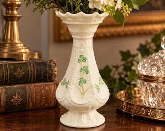 Vintage Belleek Island Shamrock Vase 7” | Irish Porcelain | Hand Painted Shamrocks | Scalloped Rim | Made in Ireland