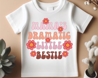 Mama's Dramatic Little Bestie Retro Shirt Gift for Kids, Personalized Graphic Tees for Babies, Big Brother Shirt with Humor