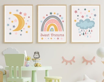 Cute Rainbow Boho Nursery Wall prints, Kids Room Wall Art, Cute Nursery Prints, Kids Room Decor, Digital Downloads