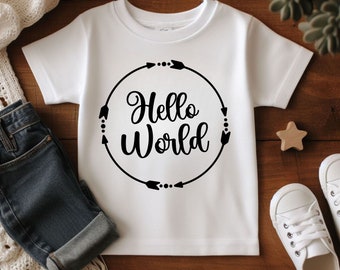 Hello World Funny Tshirts, Personalized Shirt Gifts for Kids, Cute Baby Shower Tees, Retro Baby Boy Gift Ideas