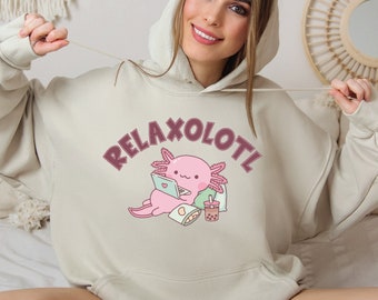 Relaxolotl Axolotl Sweatshirt for Womens, Adult Youth Axolotl Sweater, Cute Anime Hoodie for Her, Cute Valentines Day Sweatshirt Gift,SAS558