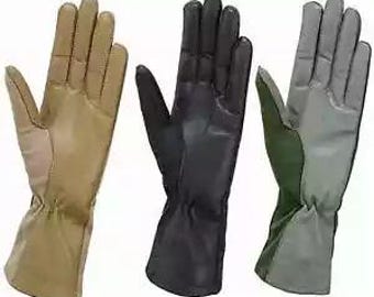 May include: Three pairs of long leather gloves in different colors: tan, black, and gray. Each glove has a contrasting color panel on the back of the hand.