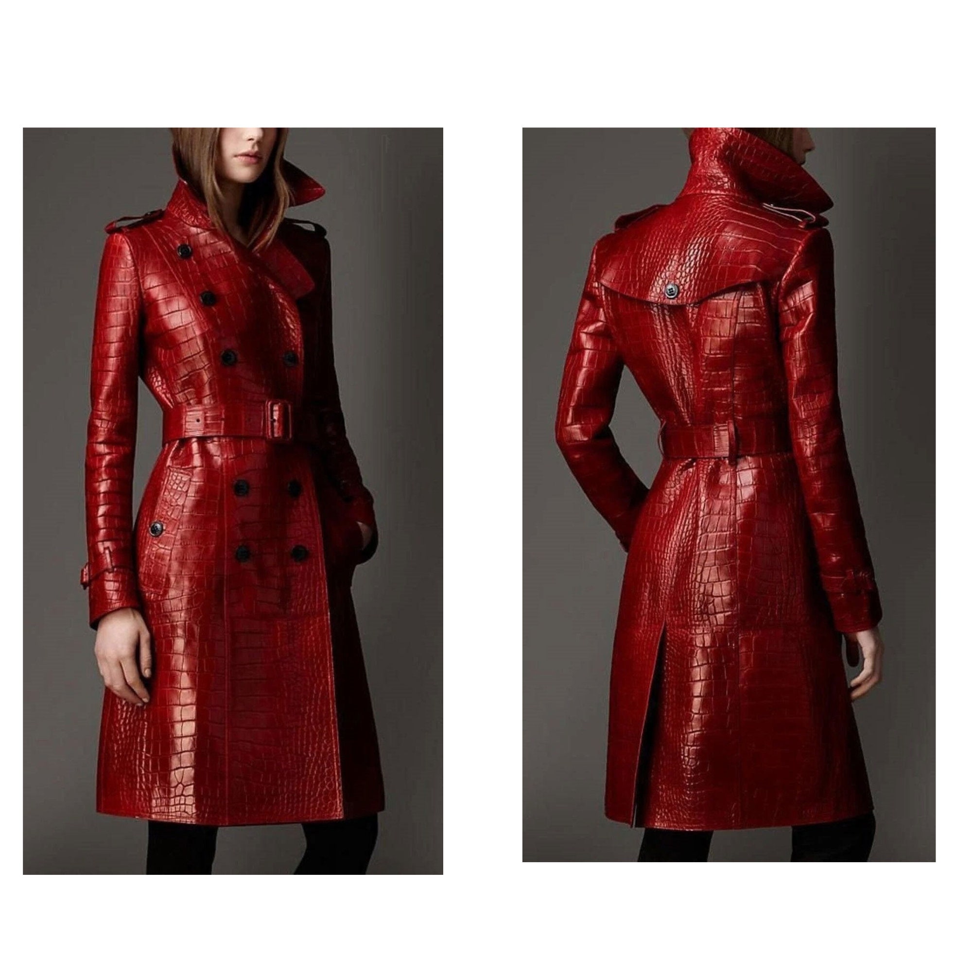 Burberry Long Alligator Leather Trench Coat in Red