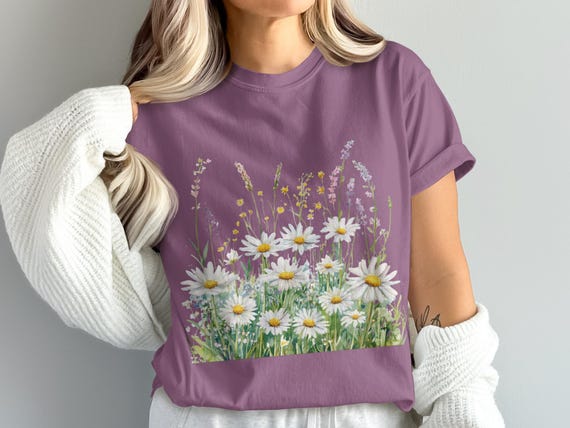 Daisy Field T-Shirt Design, Watercolor Flowers Digital, PNG Downloads, Floral Tee Print, Flower Garden Shirt, Printable Art