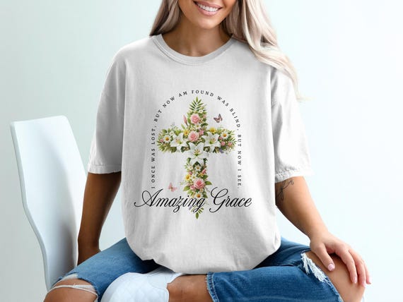 Amazing Grace Floral Cross T Shirt, Digital Download PNG, Christian Tee, Religious Gift, Church Outfit, Hymn Art, Digital Prints