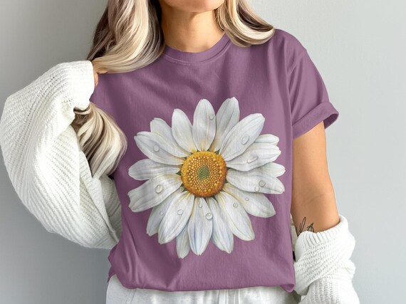 Daisy T Shirt, Daisy Digital, Daisy with Water Drops, Floral T Shirt, Botanical Art, Flower T Shirt, Digital Downloads, PNG for Print