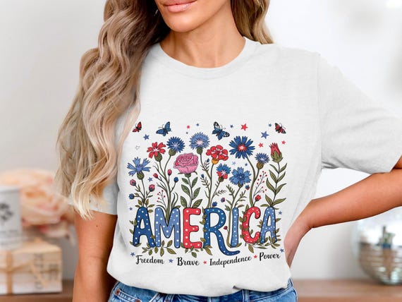 Patriotic America Floral T-Shirt, Digital Downloads, 4th of July Design, USA Pride, Independence Day, American Flowers, Stars, Butterflies