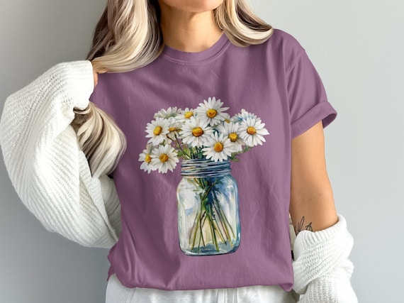 Daisy T Shirt Digital, Daisy PNG, Mason Jar Flower Art, Watercolor Flowers Shirt, Floral T Shirt Design, Spring Shirt Art, Downloads