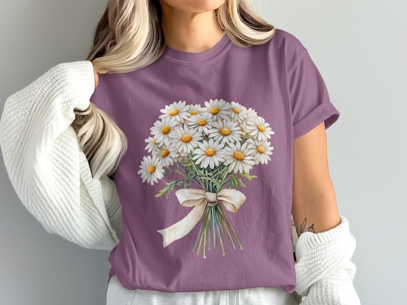 Daisy Bouquet T-Shirt, Watercolor Floral Digital Download, Summer Flowers PNG, Botanical Tee, Daisy Lover Gift, Flower Clipart