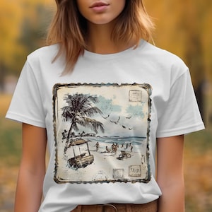 Camiseta vintage con postal de playa, arte digital de isla tropical, palmeras y gente, recuerdo de vacaciones, diseño de camiseta de estilo retro.