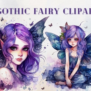 Gothic Fairy Watercolor Clipart, fantasy style, Magical clipart, cute fairy, Bundle PNG, Mystical clipart, gothic digital art, download