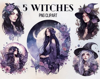 Witch Watercolor Clipart, Witch gothic style, beautiful witch, Magical clipart, Witchcraft Bundle PNG, Celestial witch, Instant Download