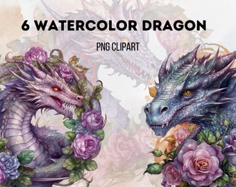 以下が含まれることがあります： 水彩で描かれた花のアクセントが付いたドラゴンイラスト6点。ドラゴンは紫、青、緑で、鱗と目が細かく描かれている。花はピンクと紫のバラである。